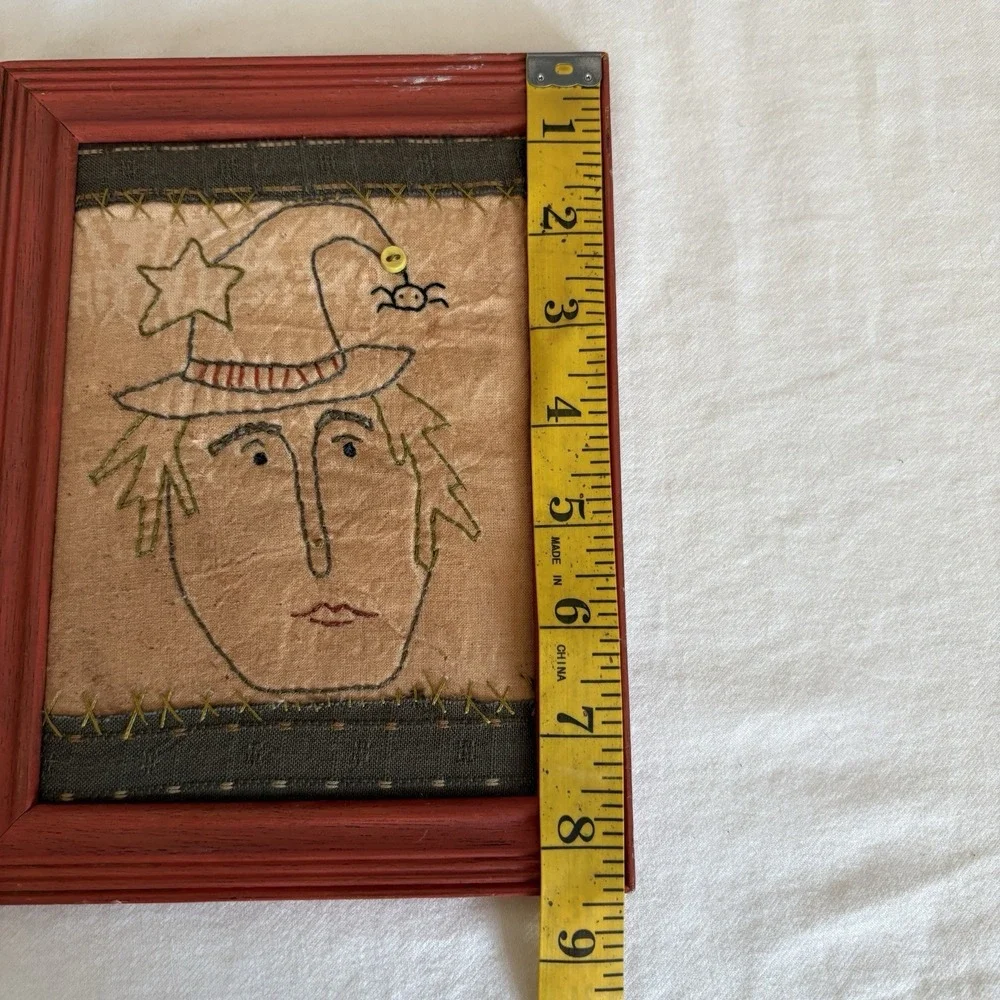 Hand Sewn Embroidery Witch Portrait Wall Spider Witchy Hat Primitive Folk Granny
